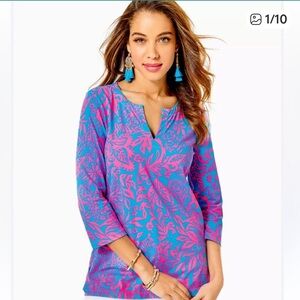 Lilly Pulitzer Pink and Blue Floral Split-Neck Tunic